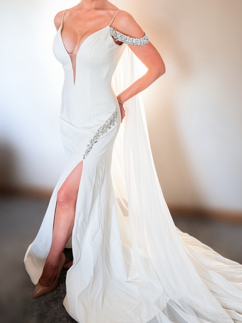 Sherri Hill White Evening Gown with Beaded Accents and Cape